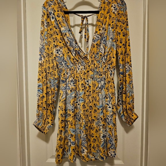 Free People Soli Mini In Golden Hour Floral Deep V-Neck Long Sleeve Dress Size L - Picture 6 of 9